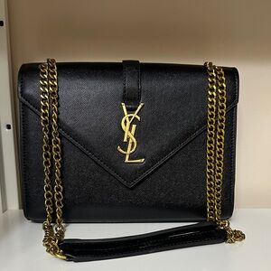 Saint Laurent Black Leather Shoulder Bag with Gold Chain 24x18cm